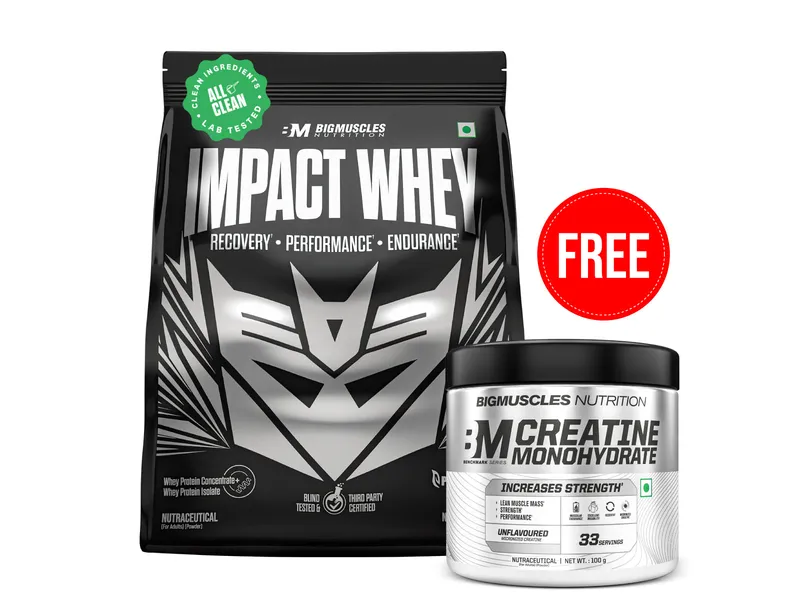 Impact Whey + Benchmark Creatine at Rs 1349 against Rs 2474 on BIG Muscle nutrition