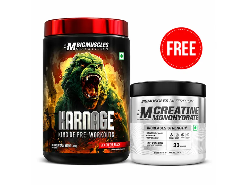 Karnage + Benchmark Creatine at Rs 1349 against Rs 2674 on BIG Muscle nutrition