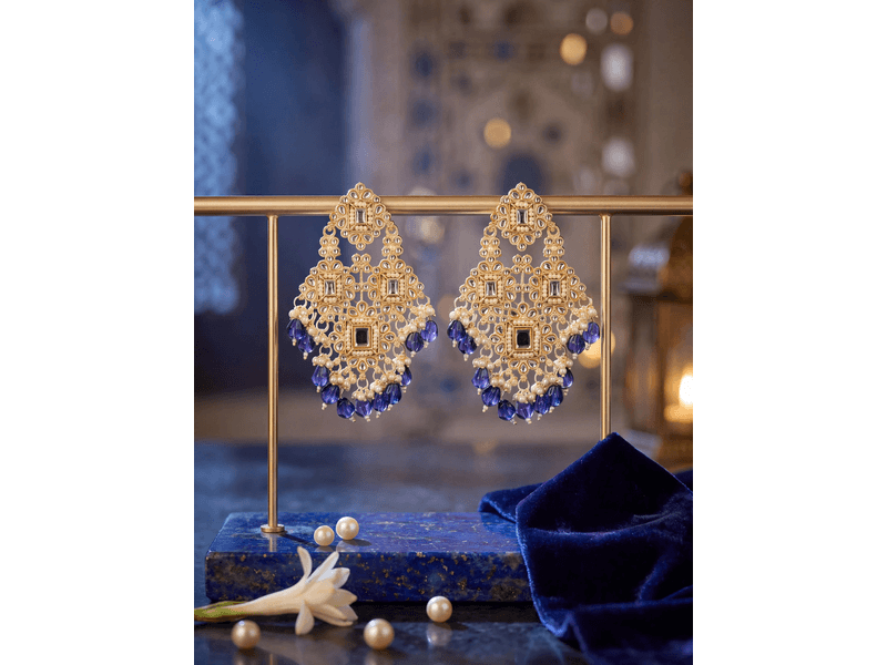 Libas Sapphire Blue and Gold Kundan Chandelier Earrings at 25% Off