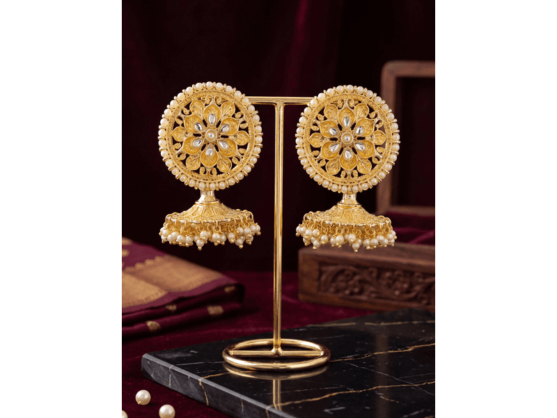 Libas Golden Floral Kundan and Pearl Jhumka Earrings at 25% Off