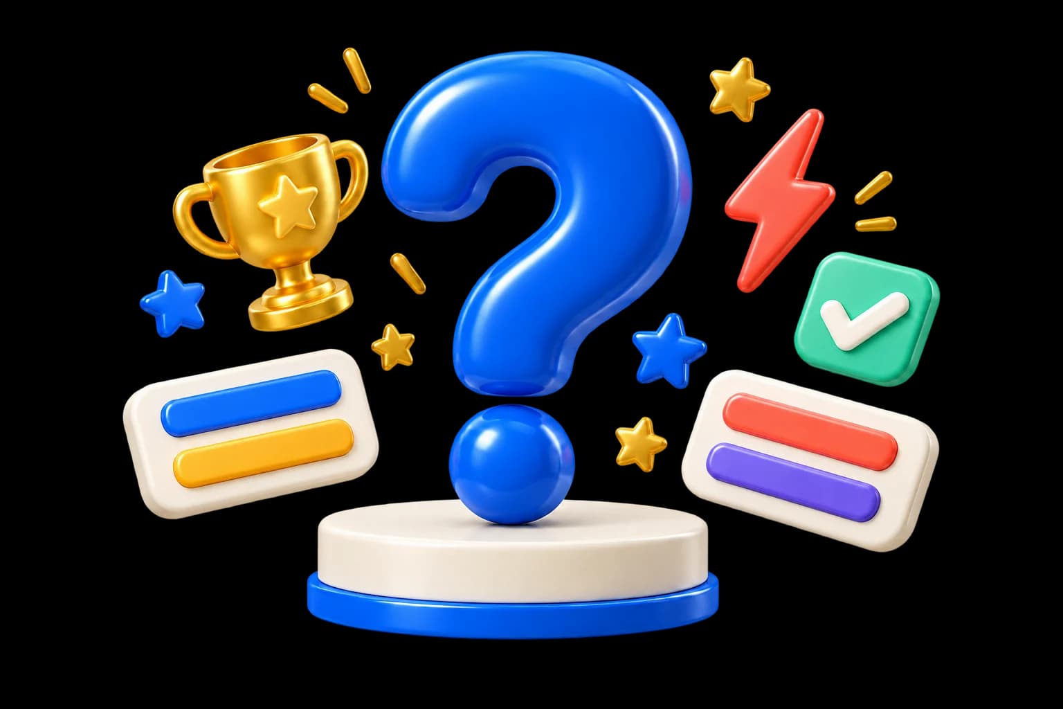 Blue question mark, trophy and colorful quiz tiles